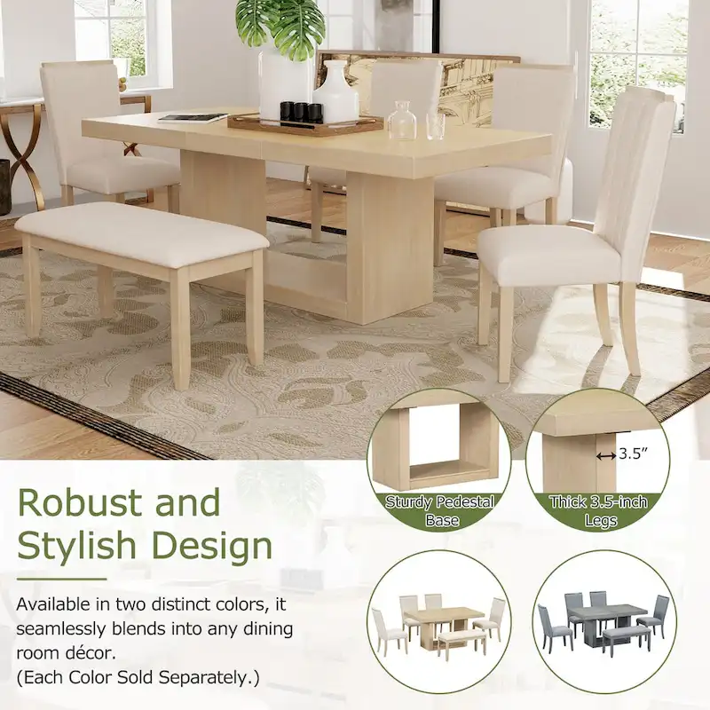 6-Piece 78inch Extendable Pedestal Dining Table Set with 18inch Removable Leaf and Dining Bench, 4 Upholstered Dining Chairs