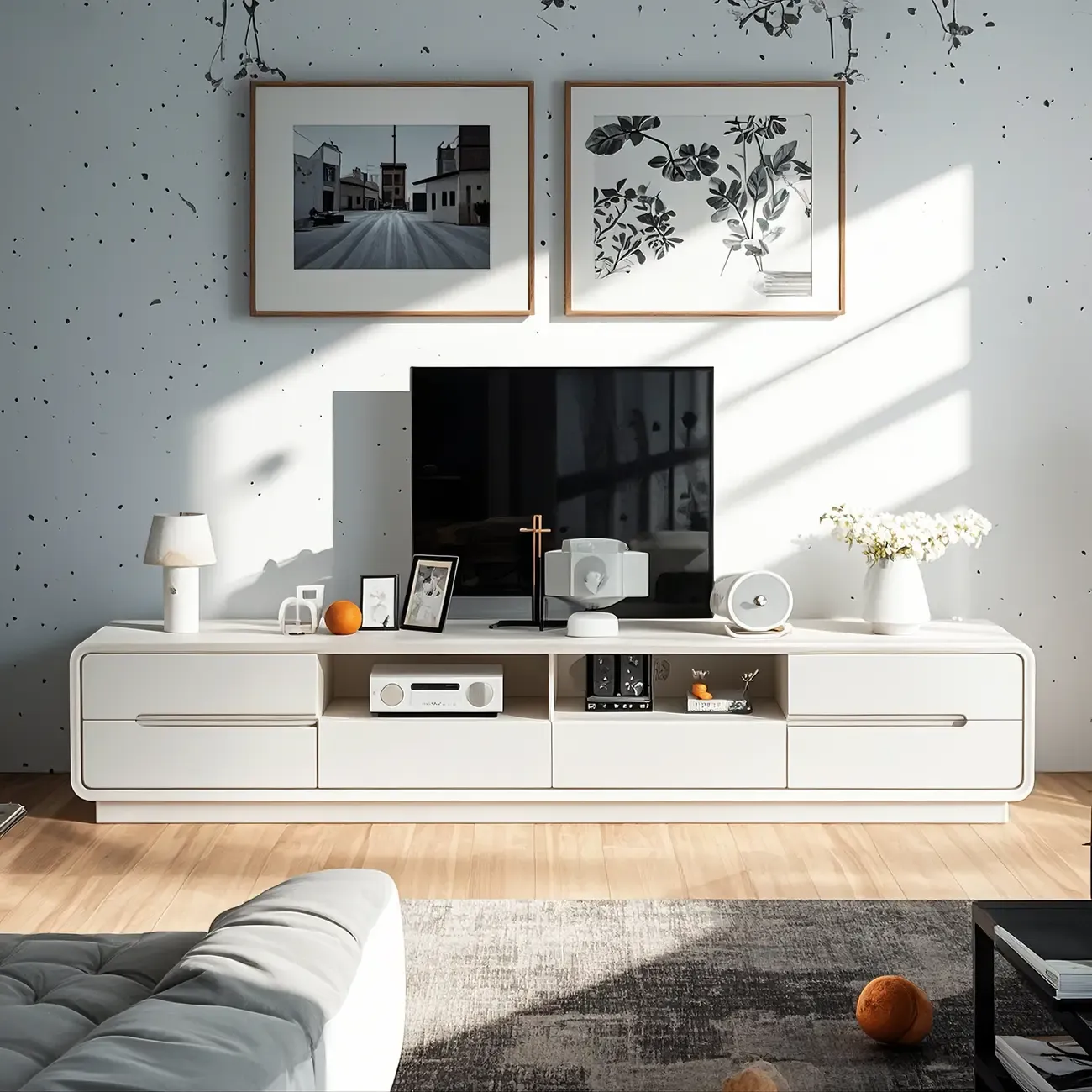 Minimalist White Wooden TV Stand with Open Storage and Drawers