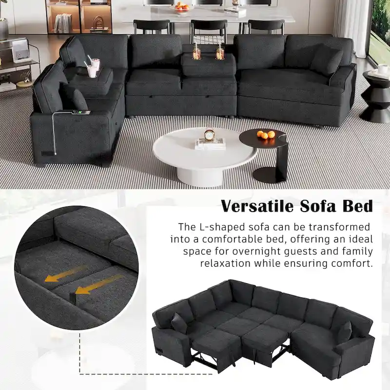 Black 126 L-Shaped 6-Seater Sofa with Pull-Out Bed and Cup Holders