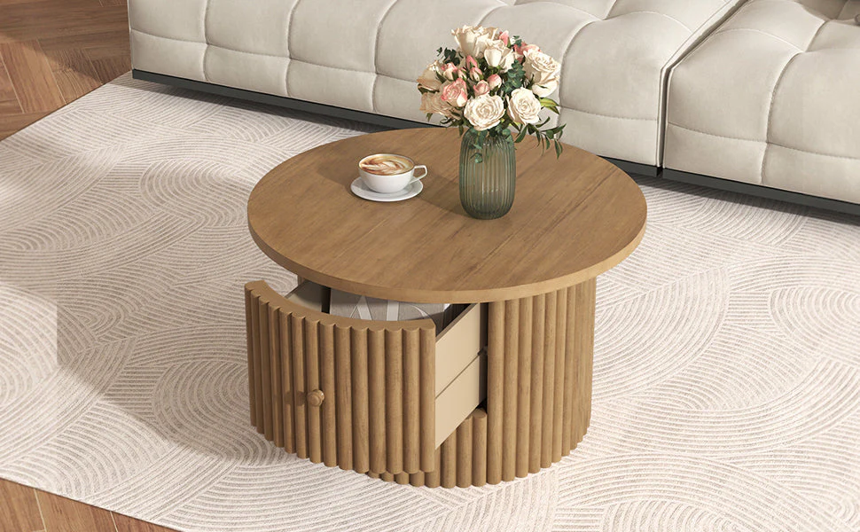 Walker Edison | Reeded Round Coffee Table with a Drawer