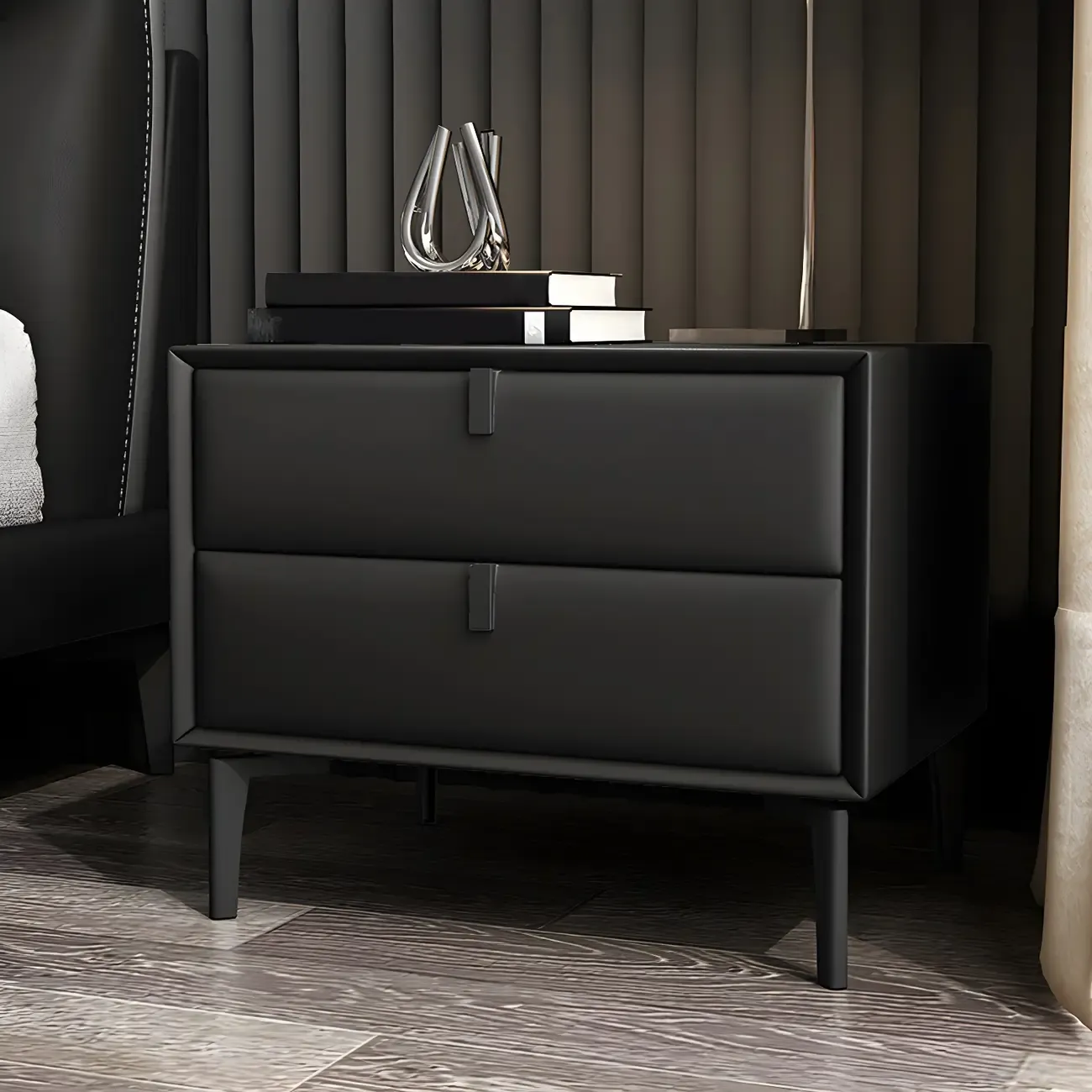 Modern Black Leather Bedside Table with Drawers