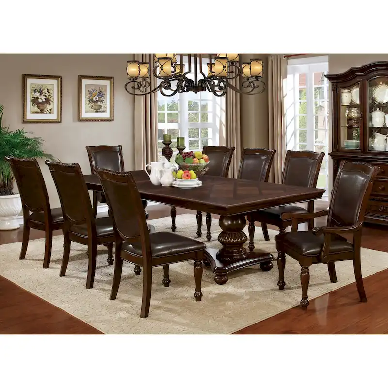 Madzharovo Traditional Brown Cherry Faux Leather Formal 9-Piece Dining Set by Copper Grove