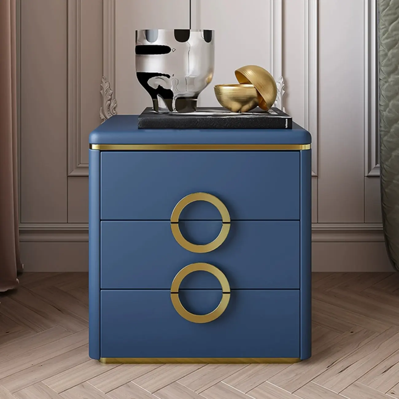 Elegant Faux Leather Metal Accent 3 Drawers Nightstand