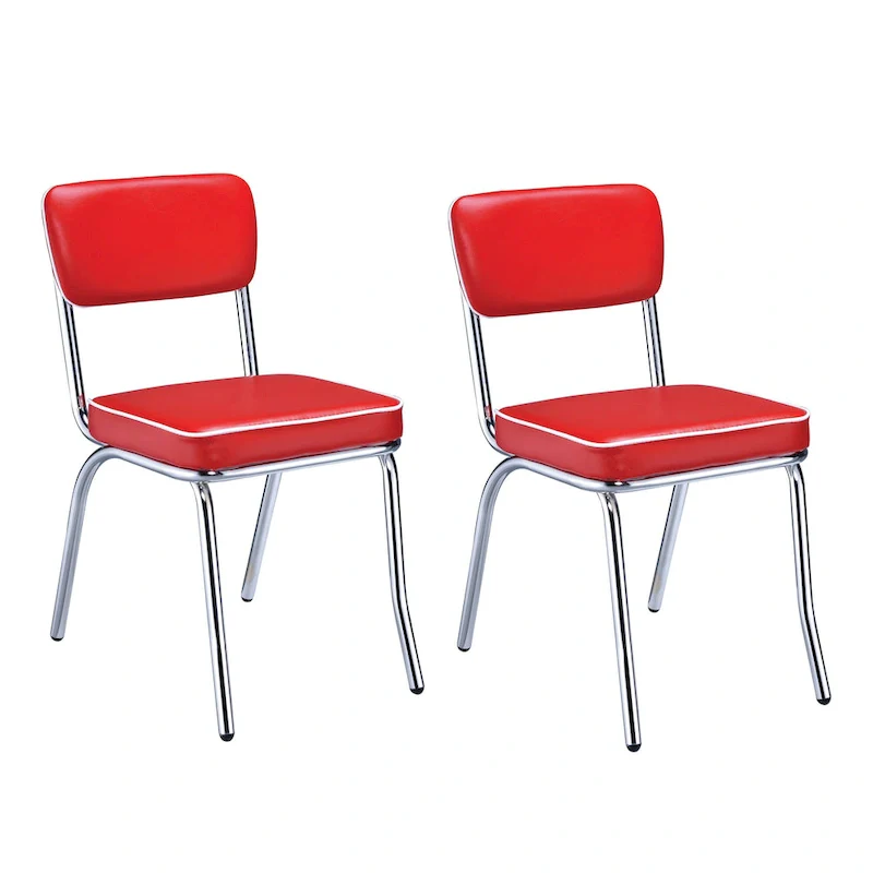 Dining Side Chair Set of 2, Retro Red Faux Leather, Chrome Metal Legs