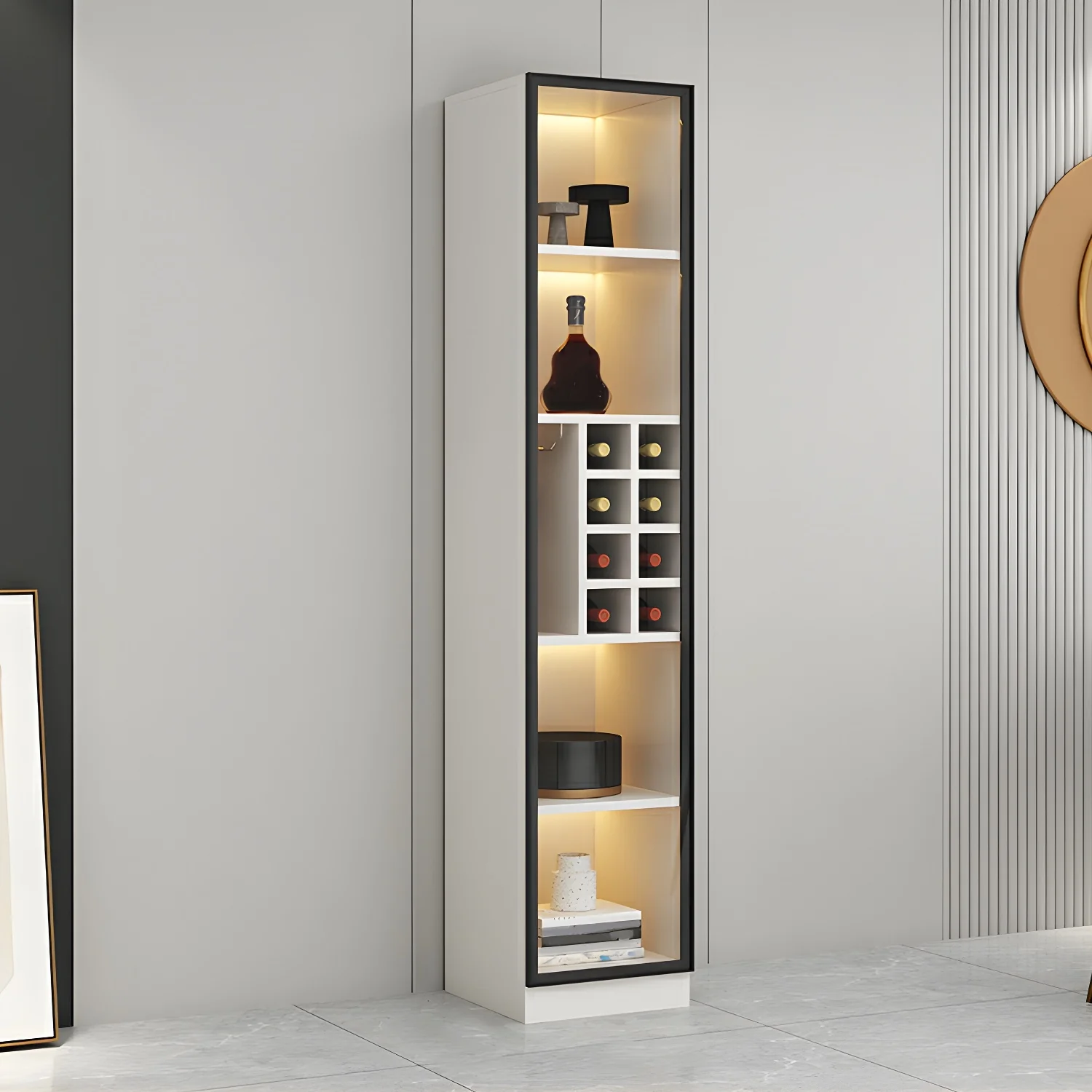 Lighting Modern Freestanding Black Wooden Wine Cabinet