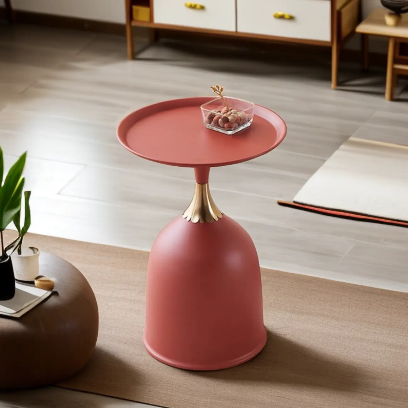 Walnut Steel Round End Table with Abstract Base