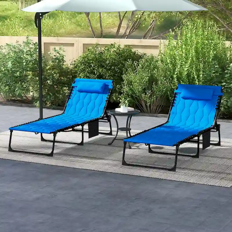 Folding Chaise Lounge Set with 5-level Reclining Back, Lounge Tanning Chair with Padded Seat, Side Pocket & Headrest