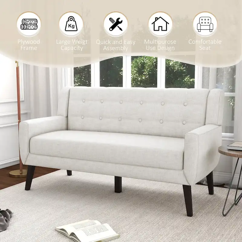 Modern Curved 63 Button Tufted Upholstered Loveseat with 2 Pillows