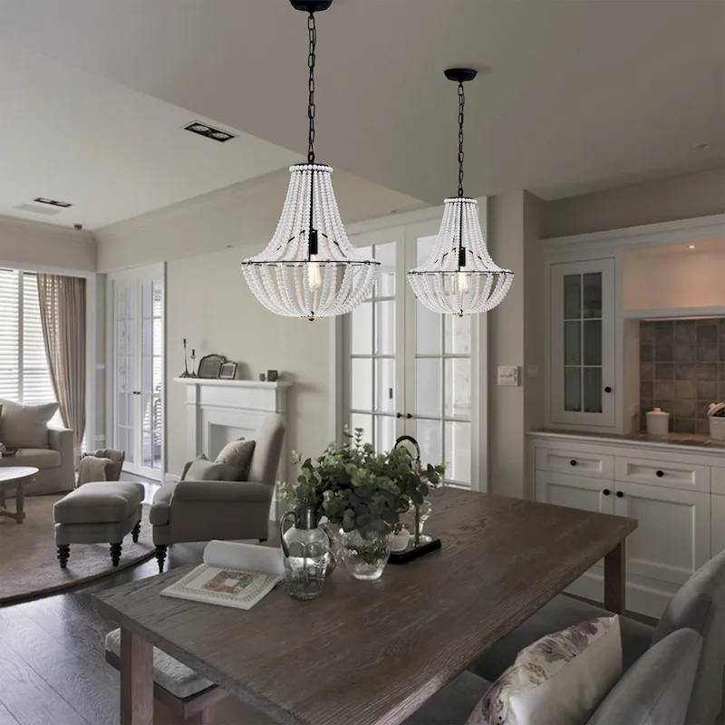 Roly 16 Inch White Beads Bohemian Pendant Chandelier 1-Light