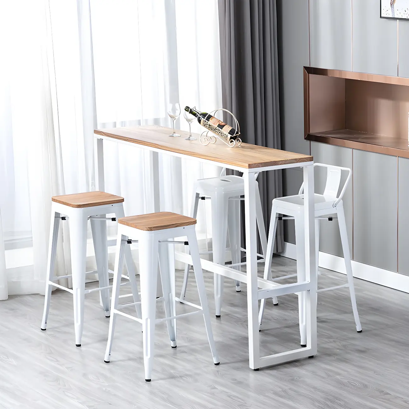 Scandinavian Brown Wood Blue Metal Footrest Bar Tables