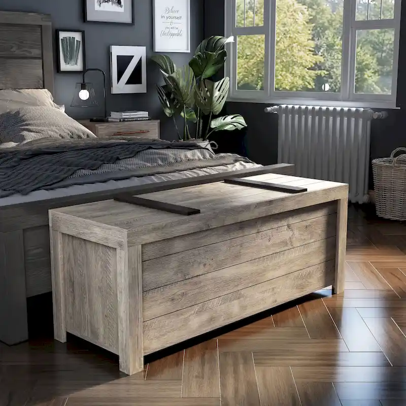 DH BASIC Rustic Weathered Oak Storage Bench by Denhour