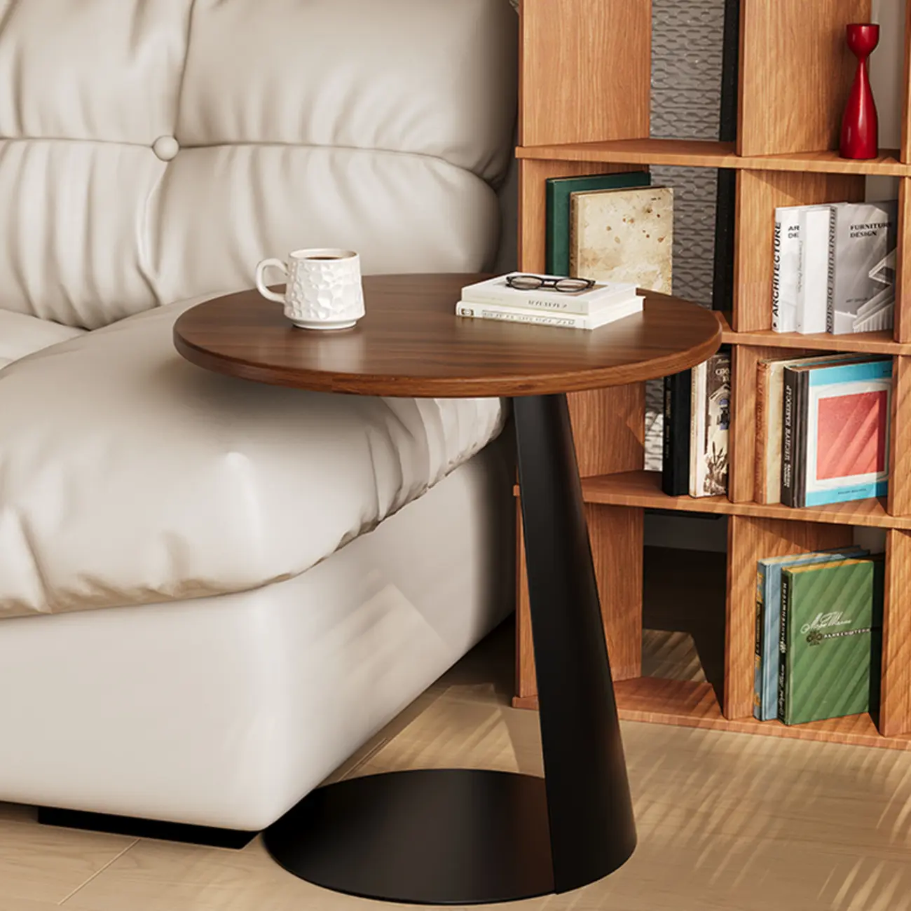 Modern Brown Ash Wood Round Chairside C Shaped Table