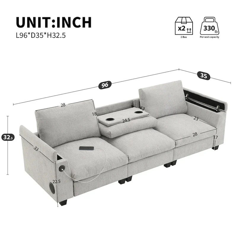 96 Chenille Smart Sectional Sofa with Bluetooth Speaker, Drop-Down Table & USB Charger and 3-Seater Cloud Couch