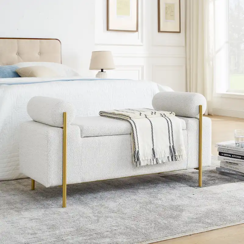 GDFStudio - Harper Linen Upholstered Storage Bench with Cylindrical Arms and Gold Metal Legs