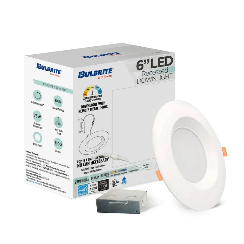 Bulbrite Pack of (4) 14 Watt LED 6  Round Recessed Downlight Fixture with Metal J-Box, 5CCT - 27/30/35/40/50K, 1100 Lumens