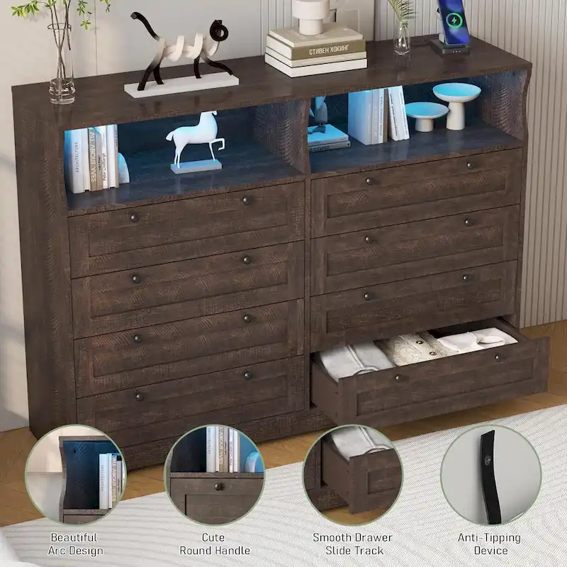 Modern Wood Dresser with 8 Drawers, Bedroom Dresser with Charging Station & LED Lights