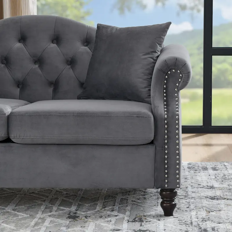 2-Pieces 6-Seat Velvet Chesterfield Sofa Set (Two 3-Seaters) with Tufted Back & Nailhead Trim
