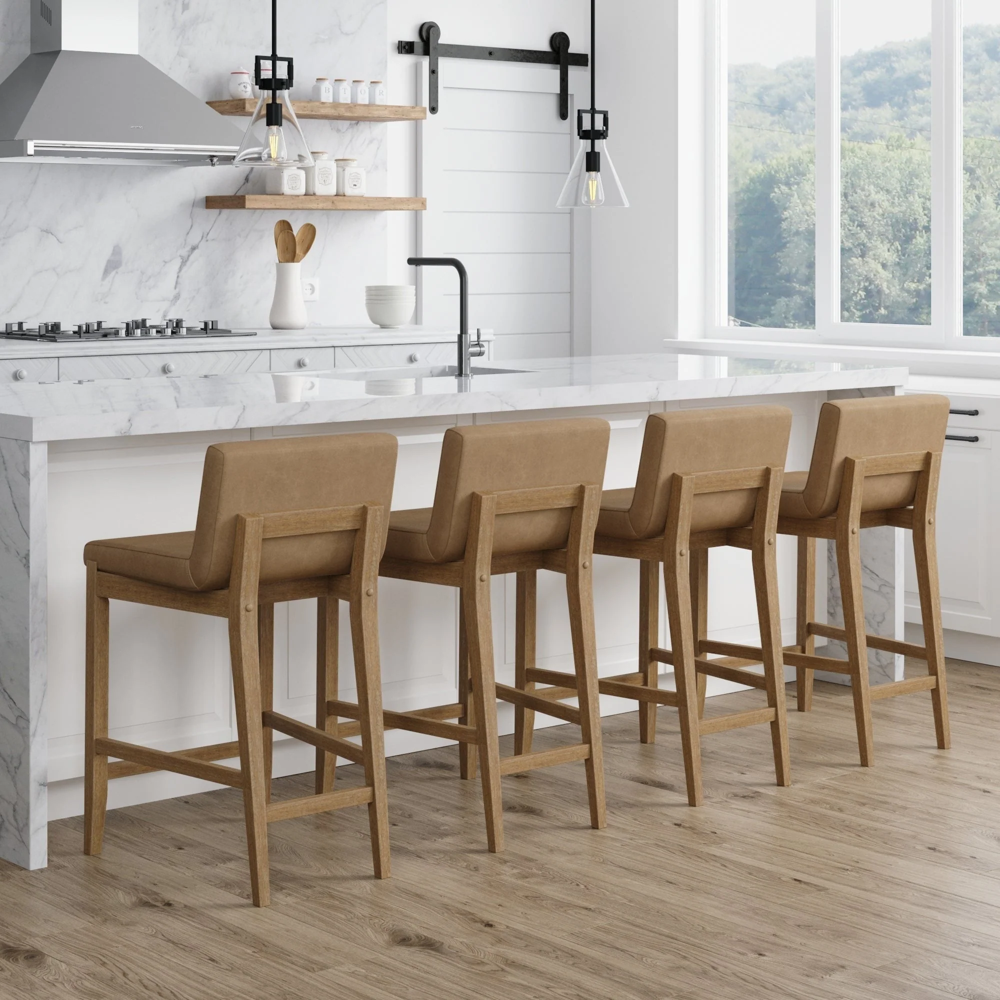 Gracie Modern Bar Stool, Boucle Upholstered Chair and Brushed Wooden Legs