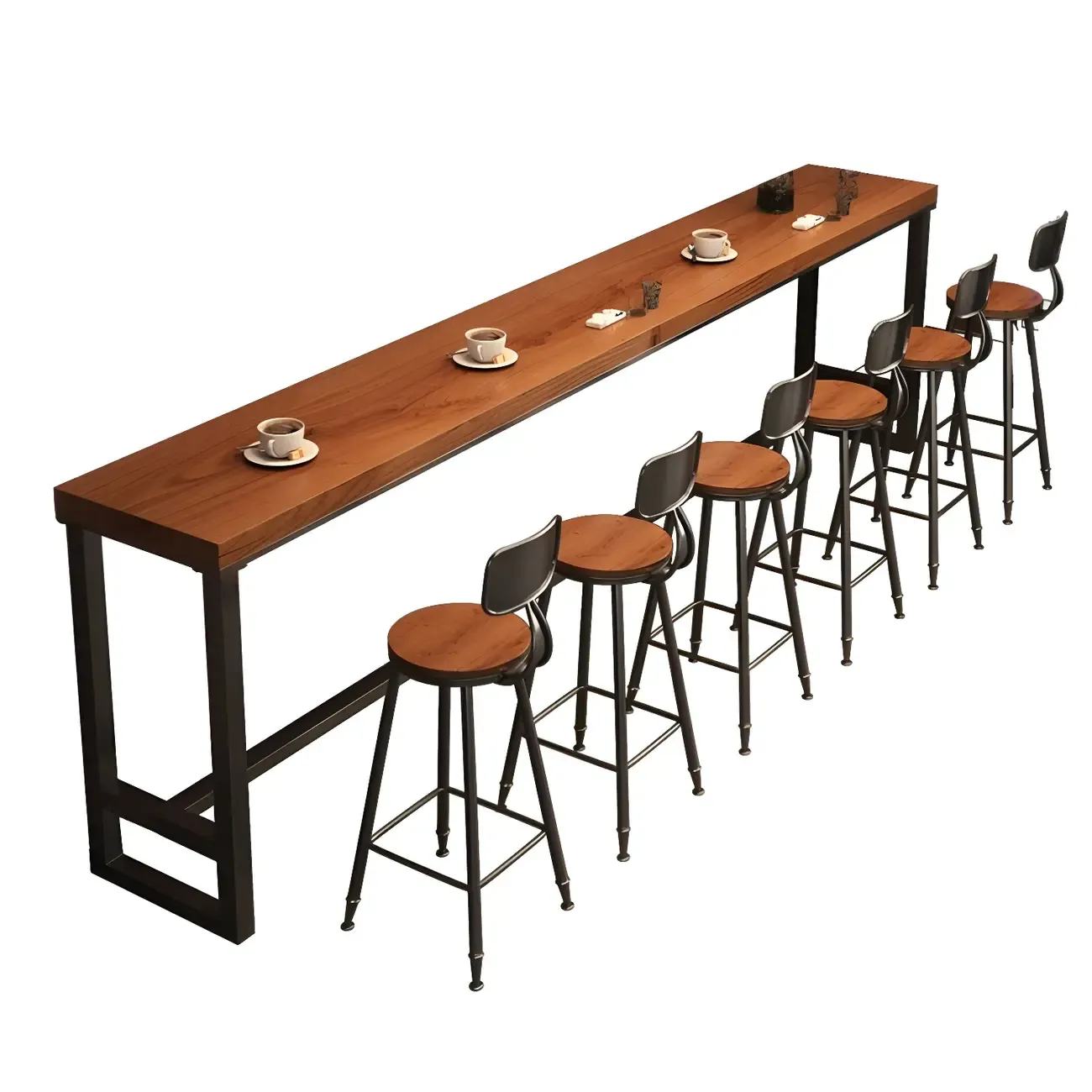 Industrial Brown Pine Wooden Metal Trestle Bar Tables