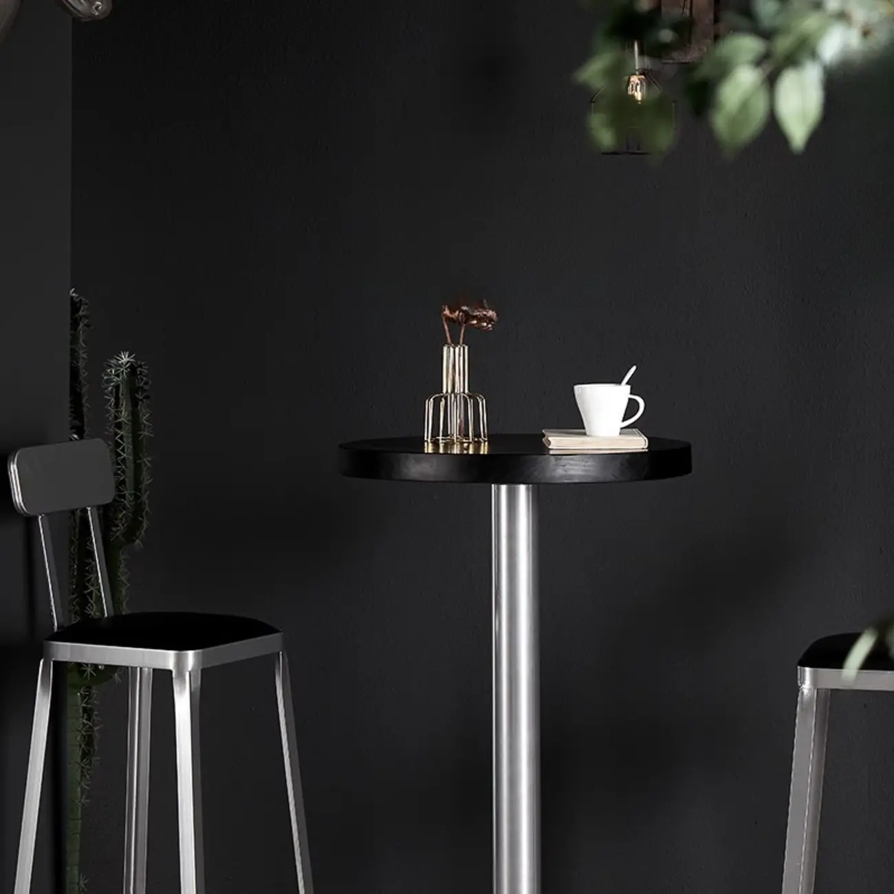 Modern Black Round Wooden Silver Metal Pedestal Bar Tables