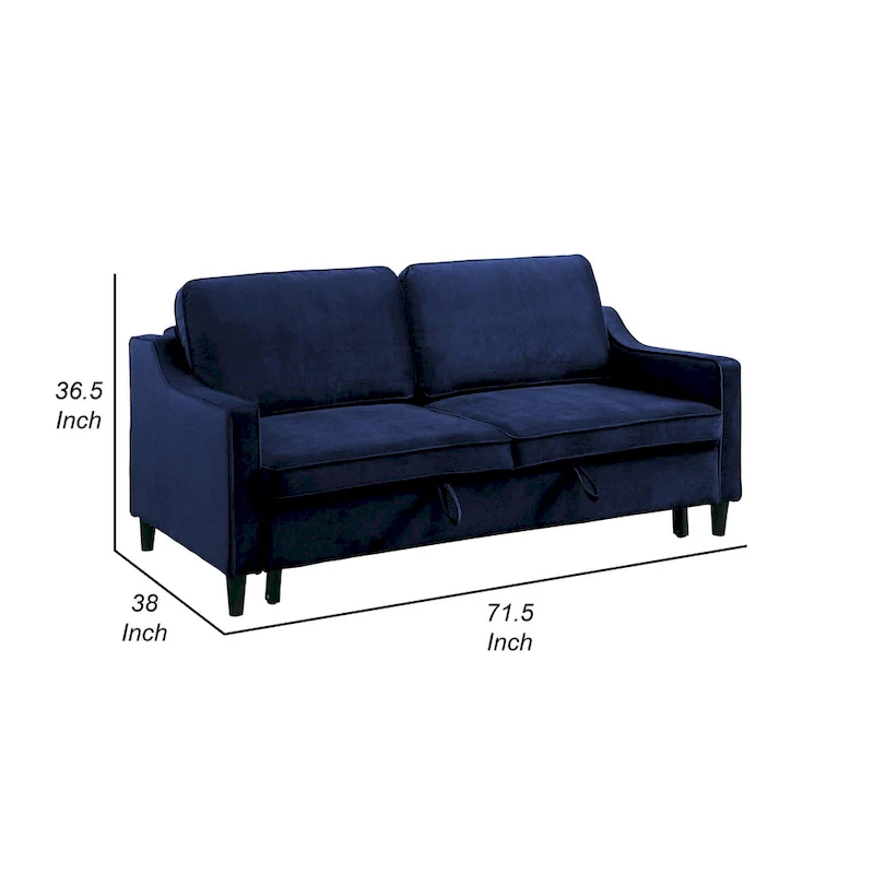 Katy 72 Inch Sleeper Sofa, Convertible Pull Out Bed, Solid Wood Blue Velvet