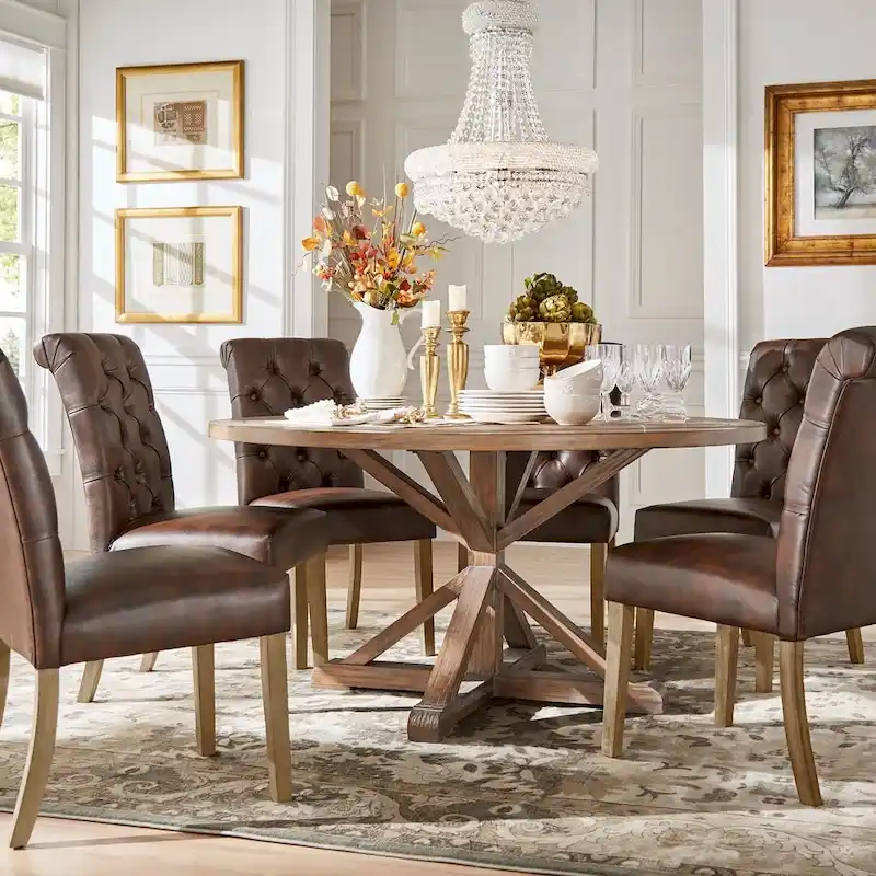 Benchwright Rustic X-base Round Pine Wood Rolled Back 7-piece Dining Set by iNSPIRE Q Artisan