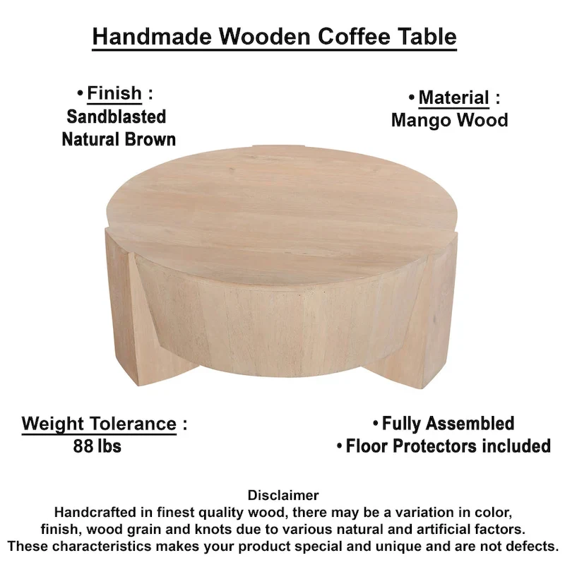 Joana Coffee Table, 35 Inch Round Drum Shape with 3 Legs, Sandblasted Natural Brown Mango Wood