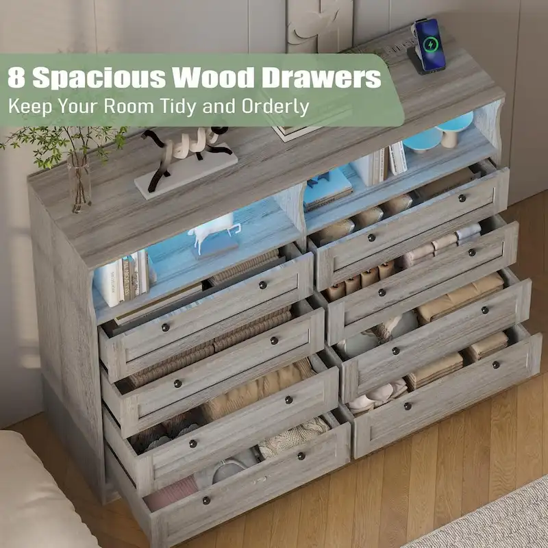 Modern Wood Dresser with 8 Drawers, Bedroom Dresser with Charging Station & LED Lights