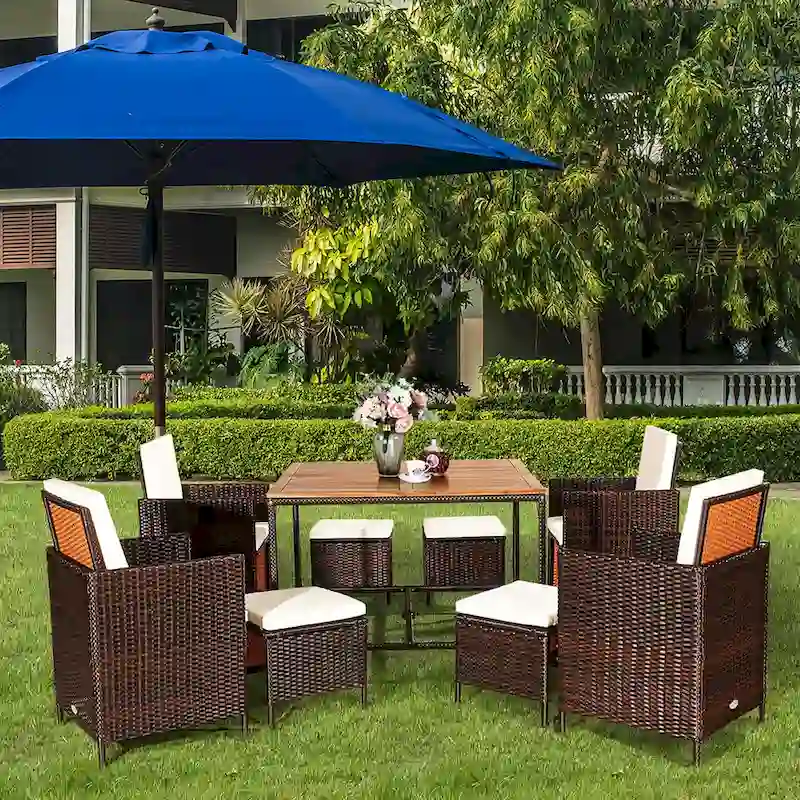 Costway 9PCS Patio Rattan Dining Set Cushioned Chairs Ottoman Wood - See Details