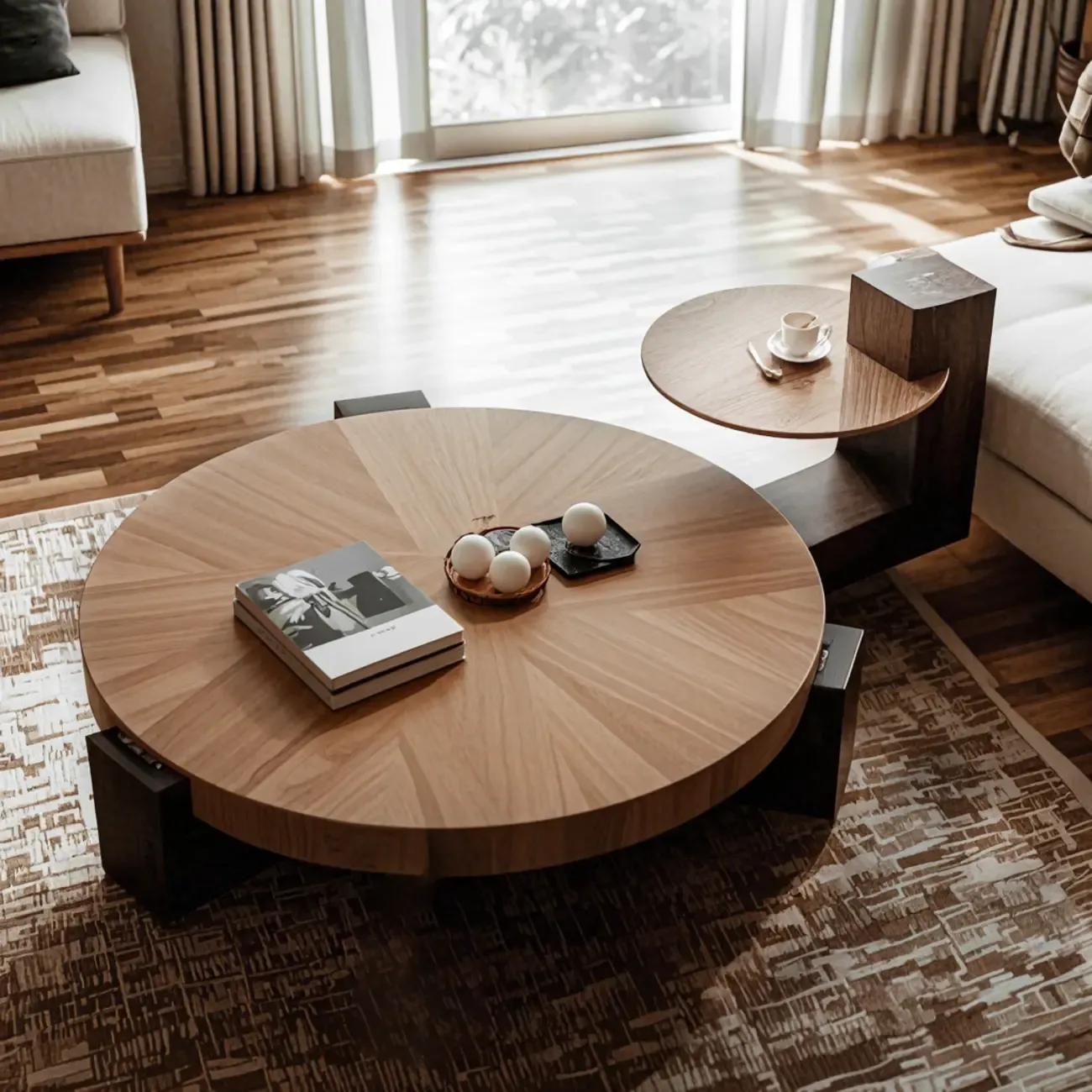 Funky Black Brown Wood Round Tripod Coffee Table