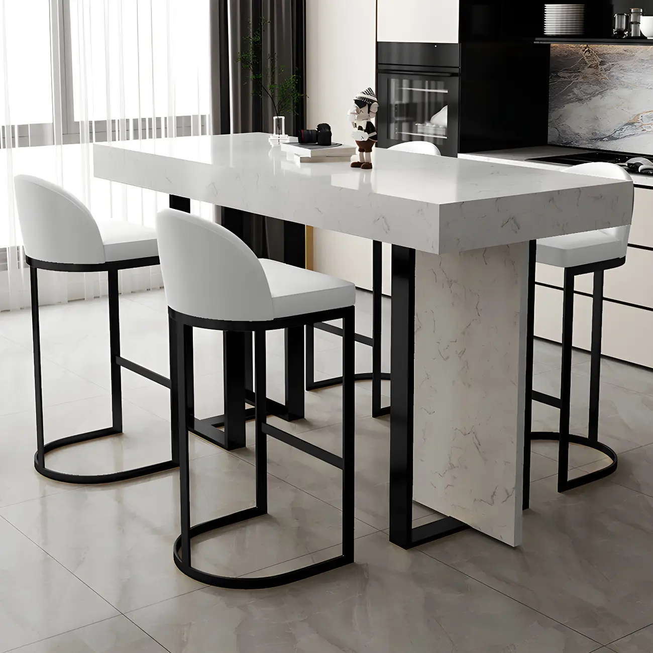 Rectangle White Marble Top Iron Base Dining Bar Table