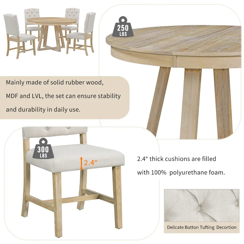 5 Piece Extendable Round Dining Table Set, Wooden Kitchen Furniture Set with Removable Leaf and 4 Upholstered Chairs