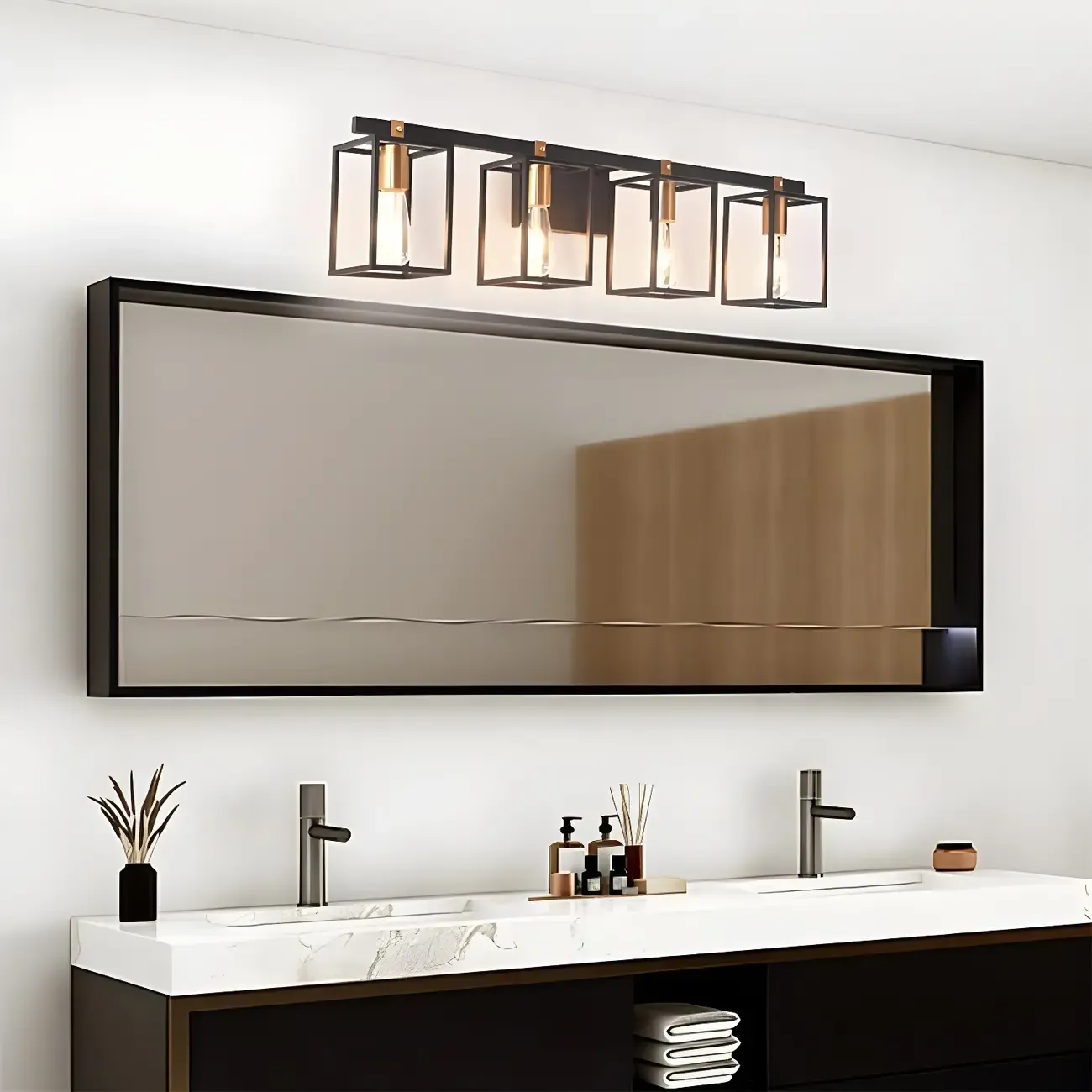 3-Light Linear Cube Black Iron Caged Vanity Light