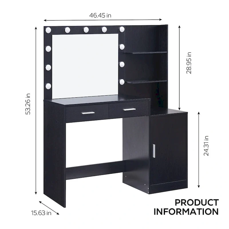 Roomfitters Vanity Desk with Lighted Mirror, Dressing Table with 2 Drawers and Storage, Makeup Table with Open Storage