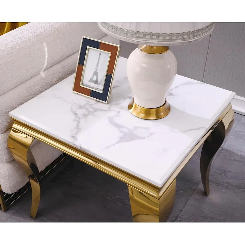 White and Gold End Table Side Table with Polished Gold Cabriole Legs