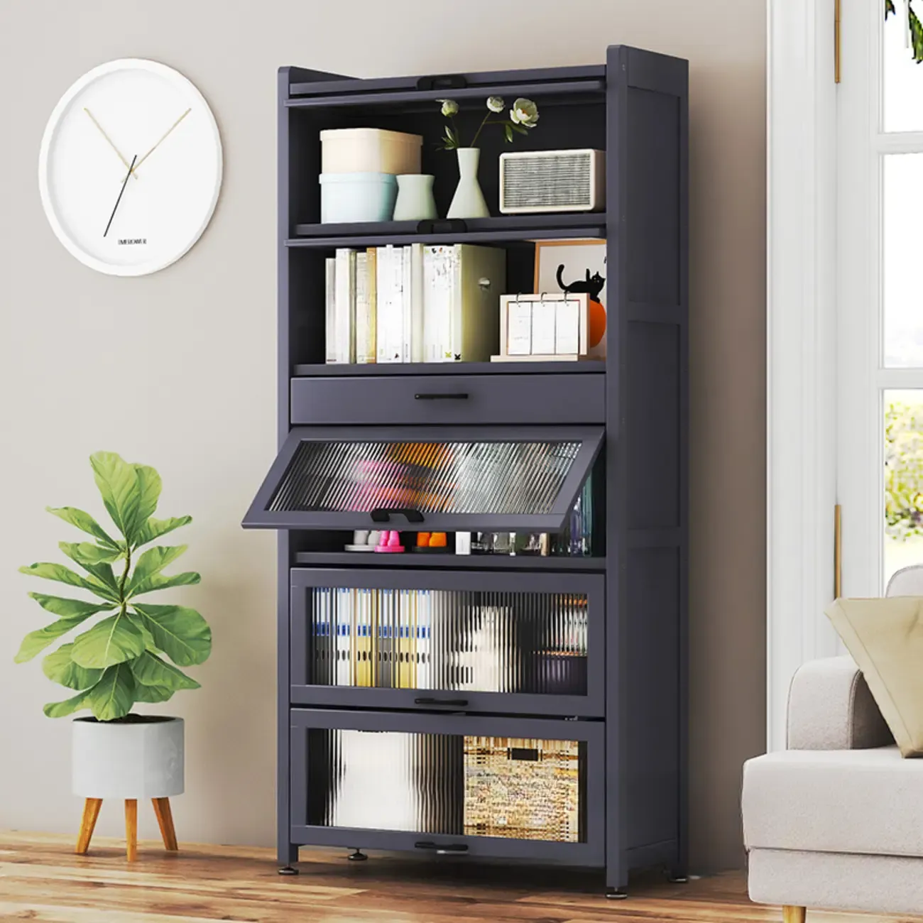 Narrow Gray Timber 5-Tier Storage Bookcase with Doors