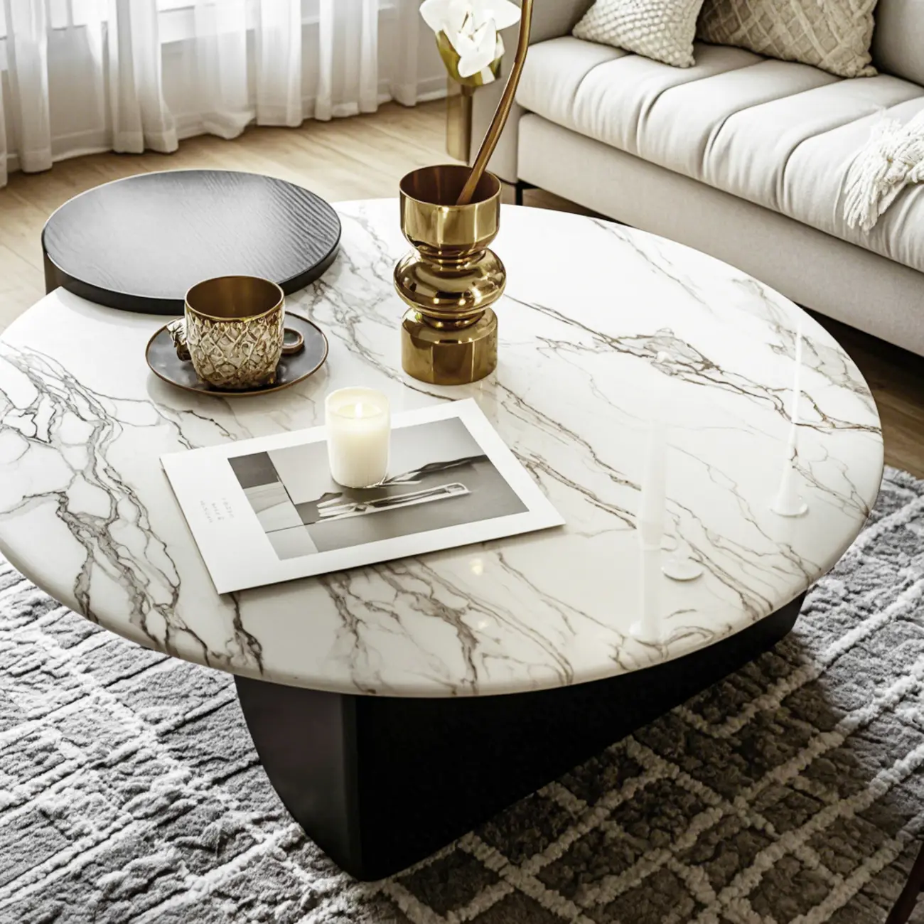 Elegant White Marble Round Wood Coffee Table