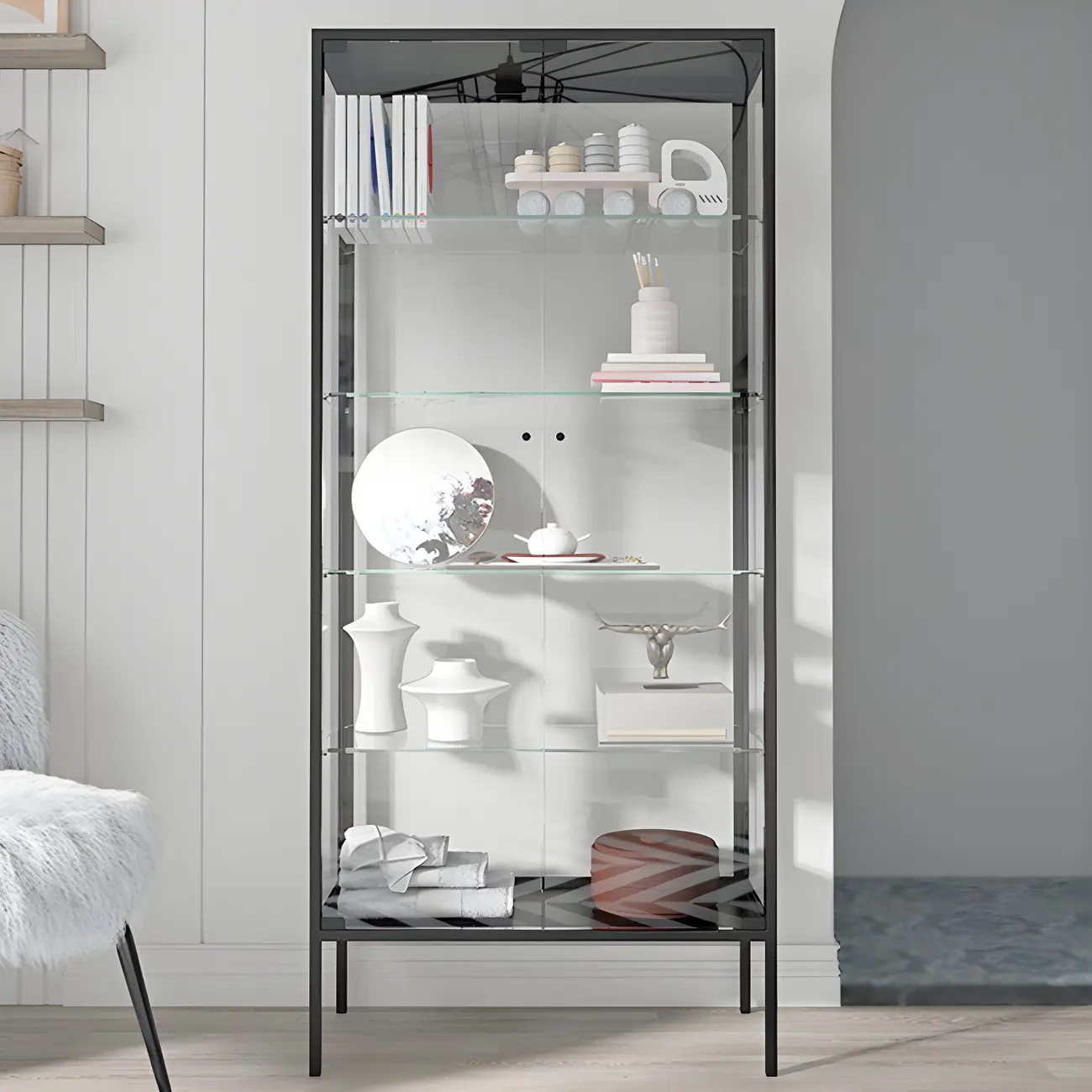 Black Metal Frame Glass Shelves Curio Cabinet