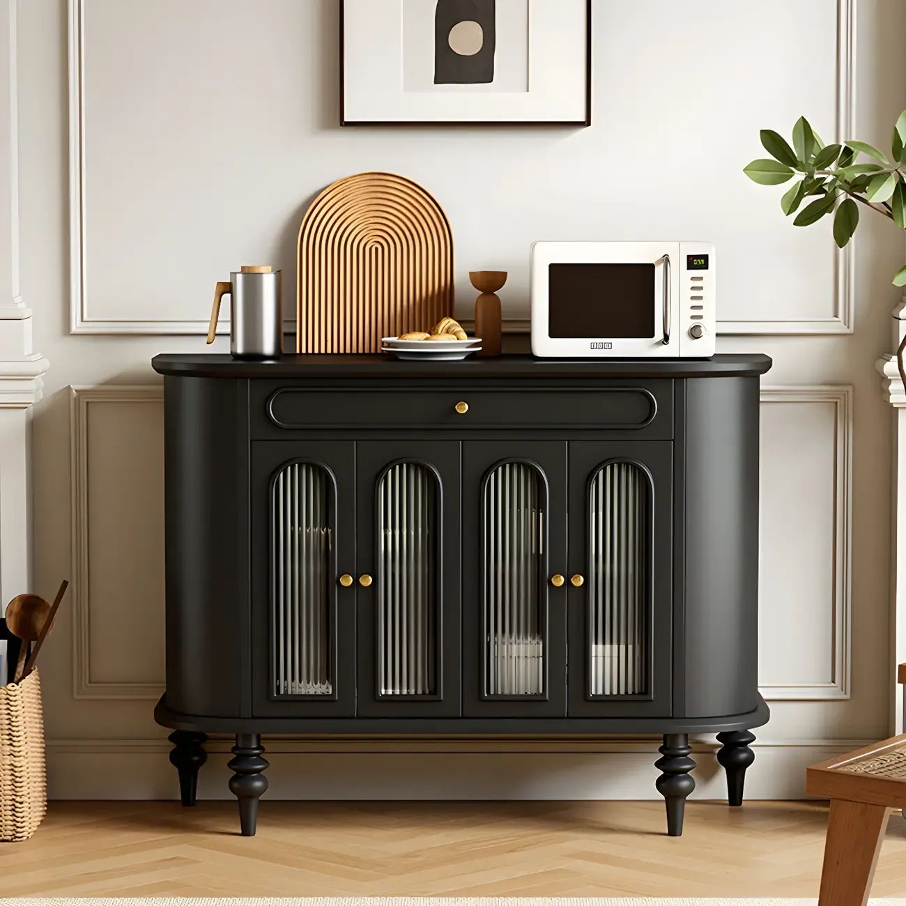 French Country Wooden Buffet Table with Cabinets