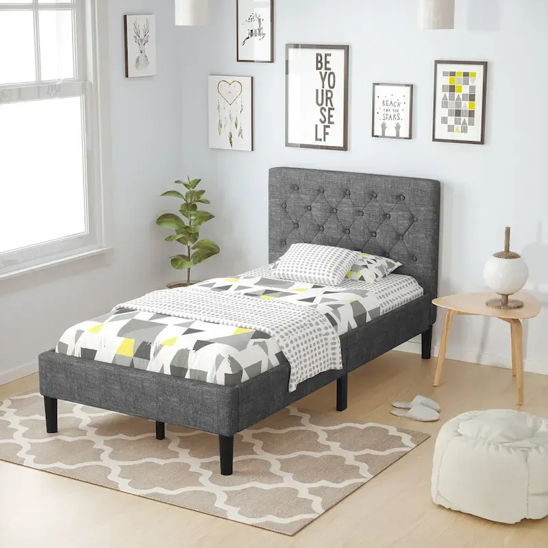 Costway Twin Upholstered Bed Frame Diamond Stitched Headboard Wood