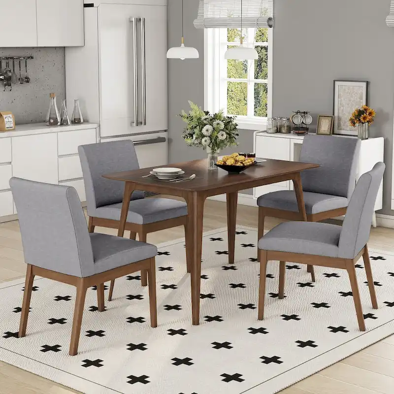5 Piece Dining Table and Chair Set, Wooden Kitchen Furniture Set with Rectangular Table and 4 Upholstered Chairs