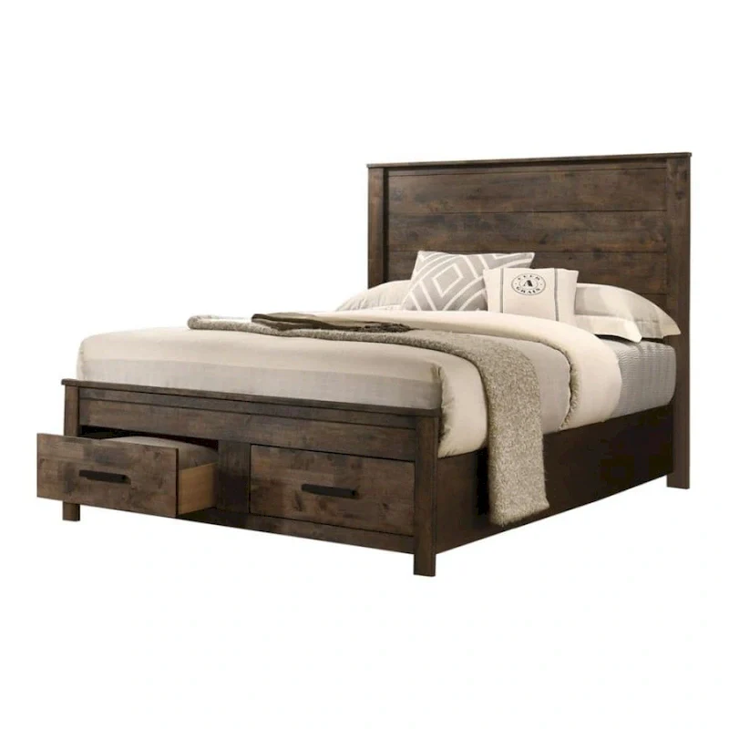 Wooden Eastern King Bed With Two Footboard Drawers in Golden Brown