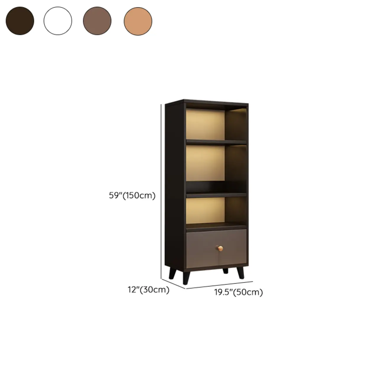 Tall Gray 4-Tier Open Back Wood Bookshelf with Drawer