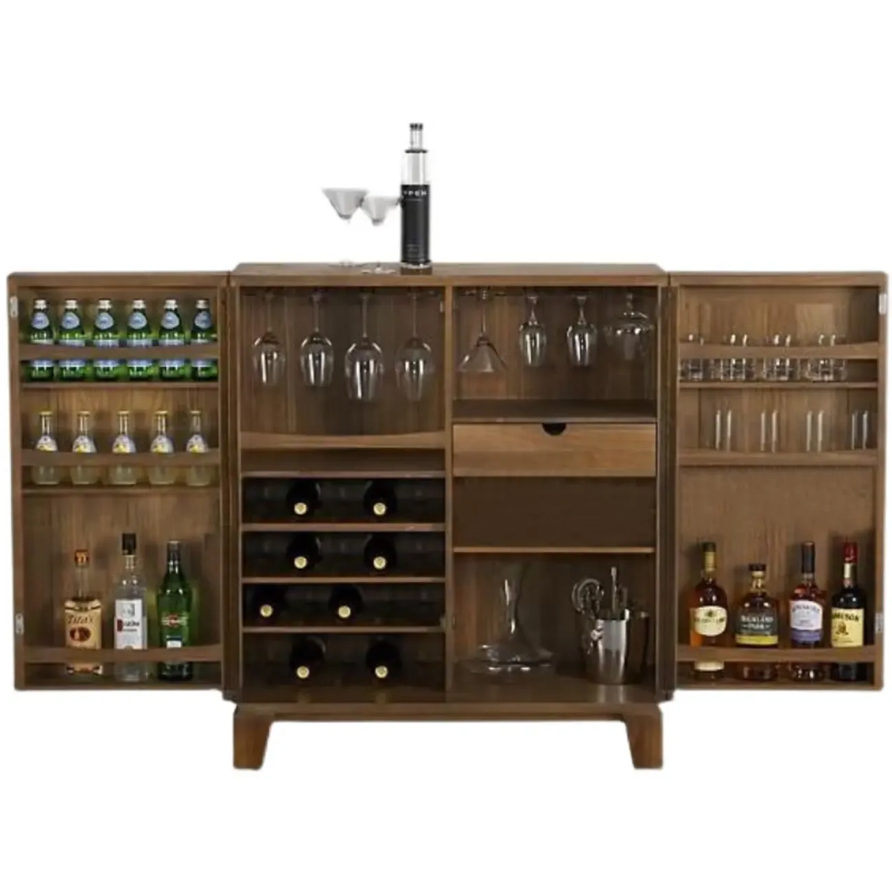 Solid Wood Farmhouse Brown Bar Cabinet Wine Rack