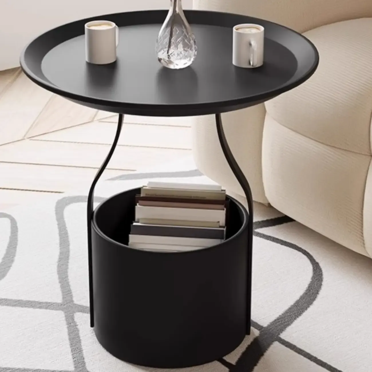 Metal Tray Top Black Side Table with Storage for Living Room