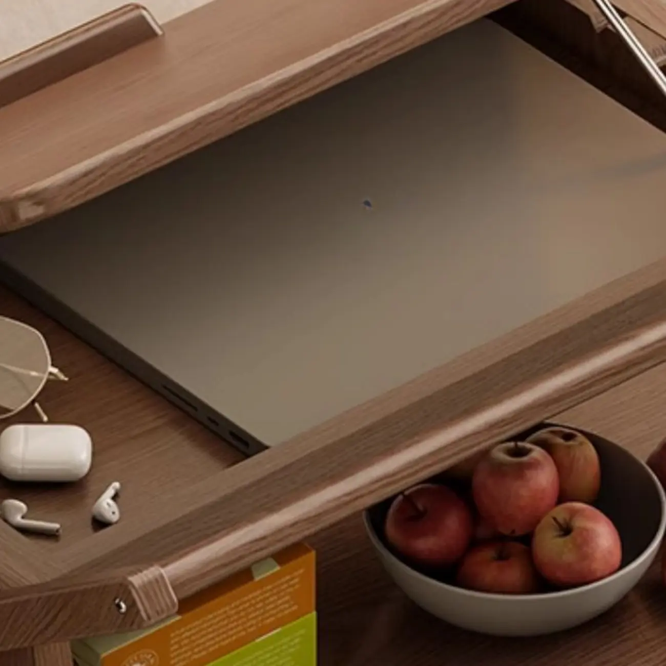 Folding 3-Tier Wooden Flip Top Rolling Side Table Nut-Brown