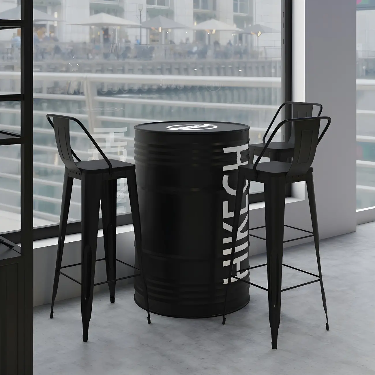 Industrial Black Metal Drum Bar Tables