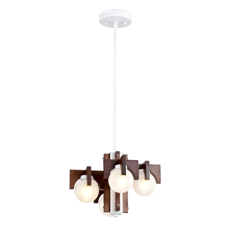 12  Tripner White Finish and Stained Wood Pendant Ceiling Lamp with Opaque Globes