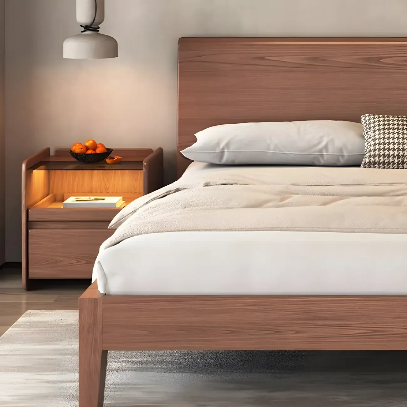 Nut-Brown Wood Glass Top Drawer Nightstand with Light