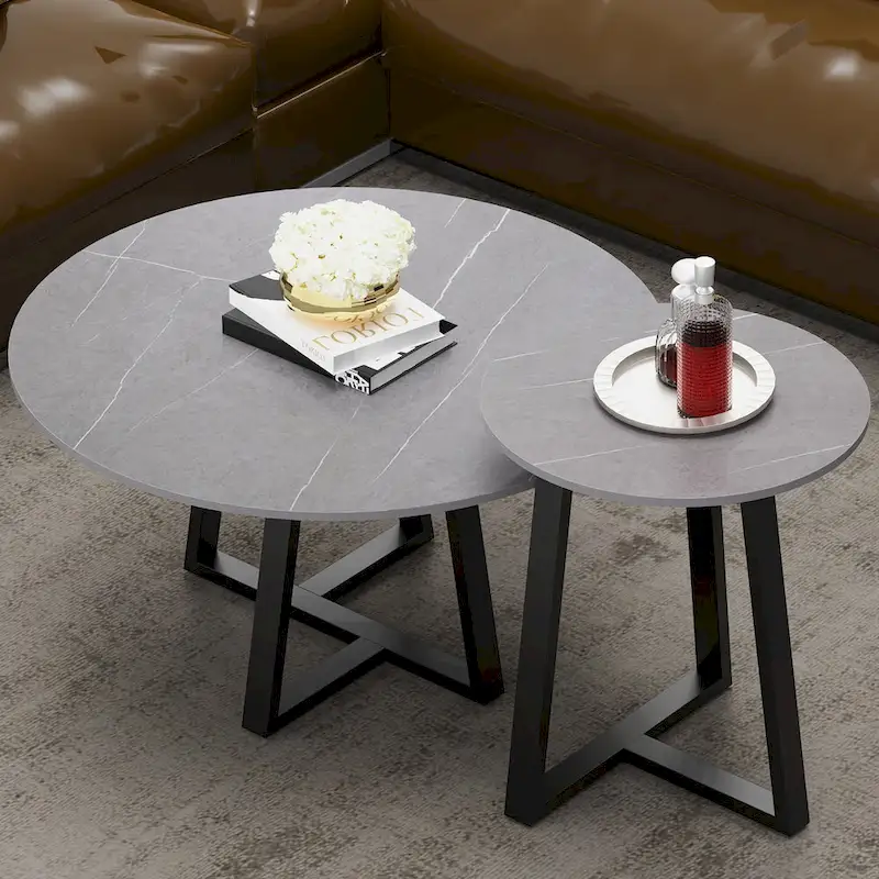 Set of 2 Round Nesting Tables Sintered Stone Marble Coffee Table - 31.5x15.7 inch